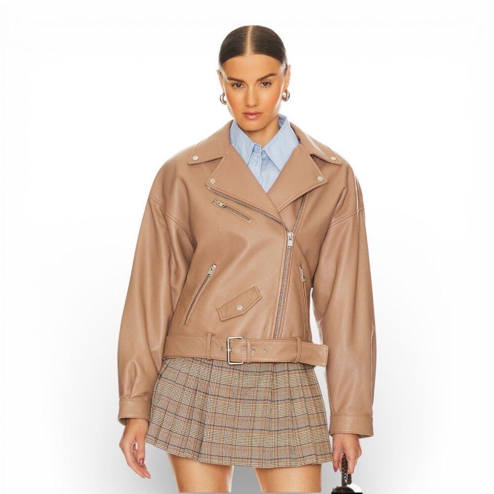 Lamarque Estia Lamb Leather Biker Jacket XS Zip Pockets Moto Oversized Drop Slv